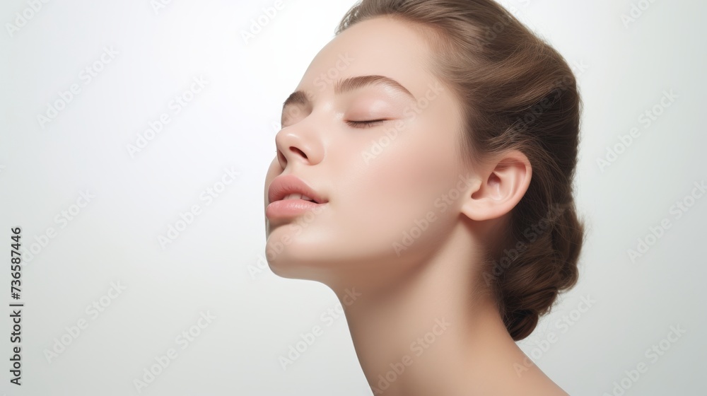 face model, full face in the shot, photographic style, smooth skin, hand on the face, white background face model, full face in the shot, photographic style, smooth skin, hand on the face, white background
