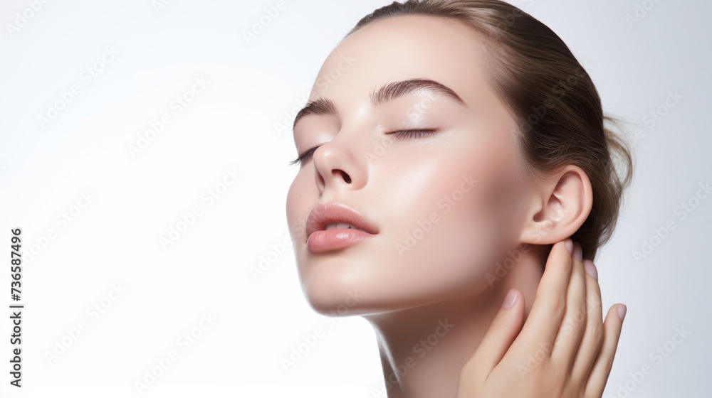 face model, full face in the shot, photographic style, smooth skin, hand on the face, white background face model, full face in the shot, photographic style, smooth skin, hand on the face, white background