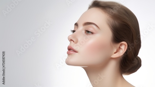face model, full face in the shot, photographic style, smooth skin, hand on the face, white background