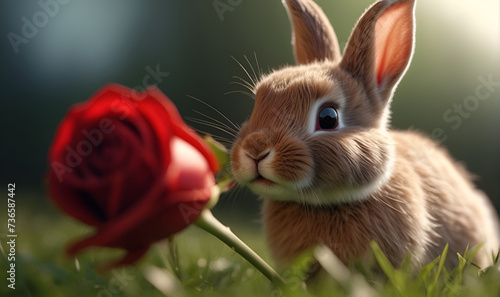 a rabbit with a rose flower on a green lawn © A_A88