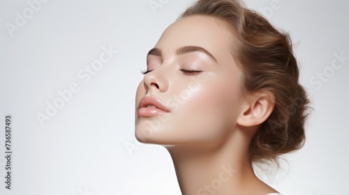 face model, full face in the shot, photographic style, smooth skin, hand on the face, white background