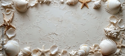 Aerial view of sandy beach with seashells and starfish, great for summer travel design.