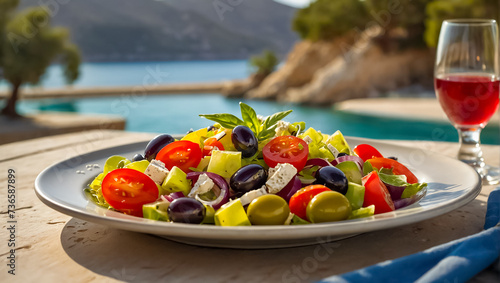 Delicious Greek salad in a plate outdoors in Greece summer