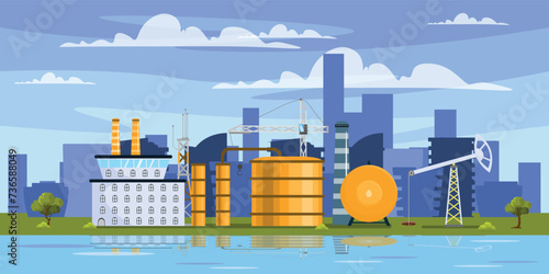 Vector illustration of the modern oil refining industry. Cartoon scenes of oil refineries with crane lifting, pipes,silhouettes of city buildings ,trees,bushes,river with reflection of factories,sky.