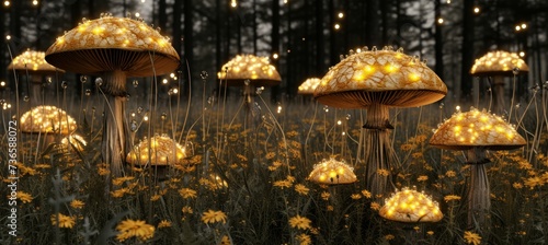 Enchanting garden with towering flowers, luminescent foliage, and magical glowing mushrooms photo