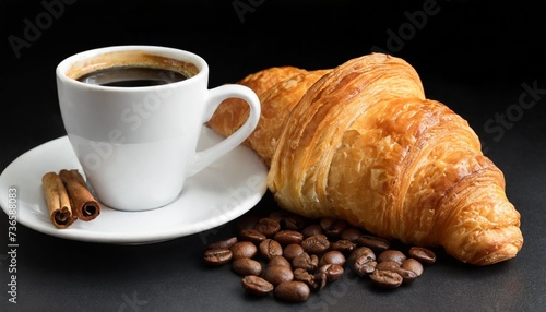 coffee and croissant isolated in black background