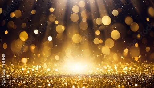 gold glitter lights show on stage with bokeh elegant lens flare abstract background dust sparks background