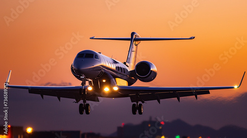 A luxurious private jet ascending into the night, illuminated by the gentle glow of the setting sun.