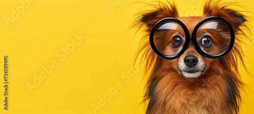 Smart and stylish dog wearing black glasses on vibrant yellow background with space for text