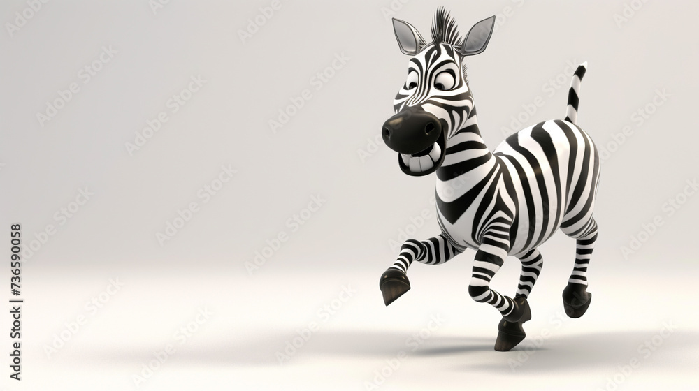 A playful cartoon zebra, 3D rendered in a happy pose, isolated on a white background with a distinctive design. - obrazy, fototapety, plakaty 