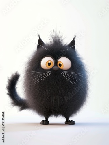Fluffy cartoon black cat  isolated background  character design