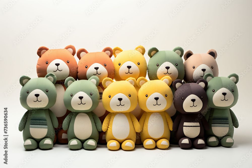 Two rows of isolated cute handmade plush teddy bears in yellow green and peach fuzz colors on a white background. Used for eco friendly kids toy. Two rows of isolated cute handmade plush teddy bears in yellow green and peach fuzz colors on a white background. Used for eco friendly kids toy.