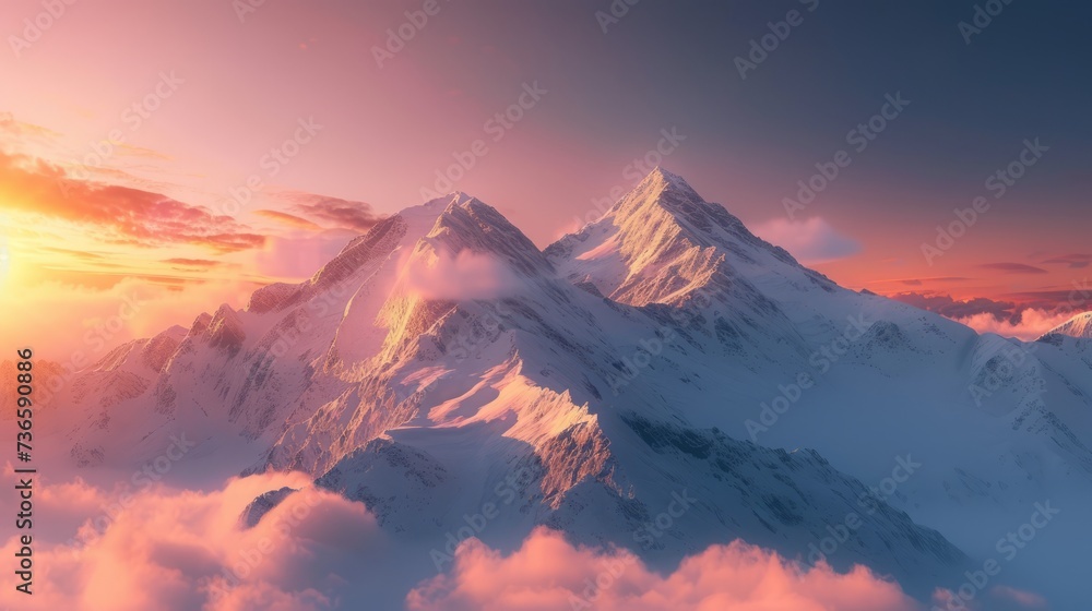 Dawn over the snow capped mountains. Snowy mountain peak at dawn. Sunrise in mountains. Mountain sunrise landscape --ar 16:9 --v 6 Job ID: 93280c3d-3d53-412a-be7a-b586838a7e2f