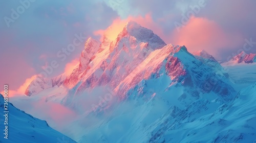 Dawn over the snow capped mountains. Snowy mountain peak at dawn. Sunrise in mountains. Mountain sunrise landscape --ar 16:9 --v 6 Job ID: 82e55e12-69bf-4669-ad5f-6e95325607a1