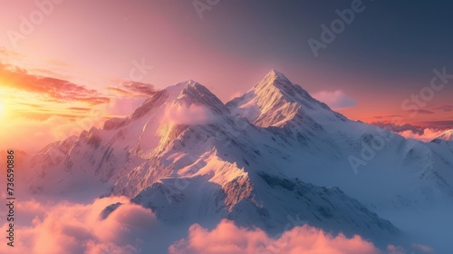 Dawn over the snow capped mountains. Snowy mountain peak at dawn. Sunrise in mountains. Mountain sunrise landscape --ar 16:9 --v 6 Job ID: 93280c3d-3d53-412a-be7a-b586838a7e2f