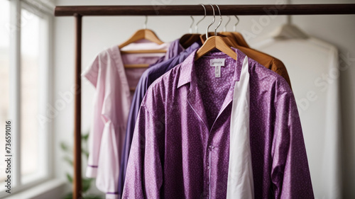"Luxurious Dreams: Purple Print Pyjamas Hanging Gracefully on a White Background"