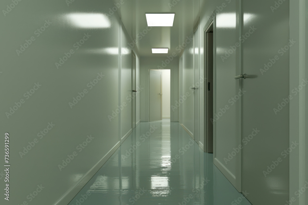A sterile empty hallway with a single door open