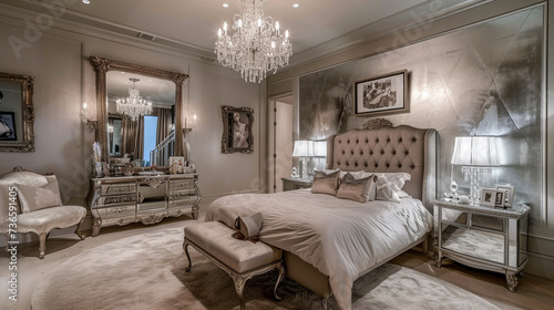 A vintage Hollywood-themed master bedroom with reflective furniture  a classic vanity  and a sparkling crystal chandelier.