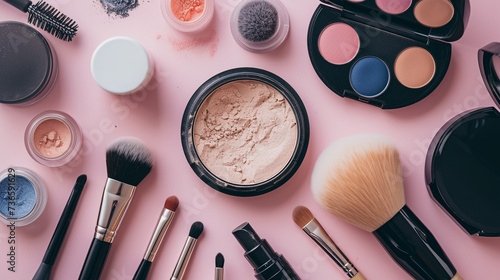 A well-arranged flat lay of makeup essentials including brushes, powders, and compact cases. photo