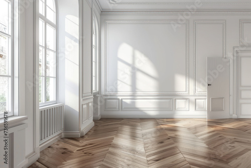 Spacious empty room with white walls, window and parquet floor