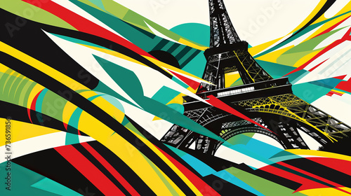 View of the Eiffel tower, Paris France with abstract colorful flowing lines