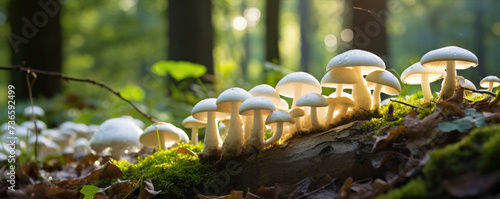 Creme white color Mushrooms in green forest.