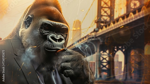 facial close up of a muscular gangster gorilla with a suit on, smoking a cigar and standing in front of the Brooklyn bridge, crypto theme, circle logo for company