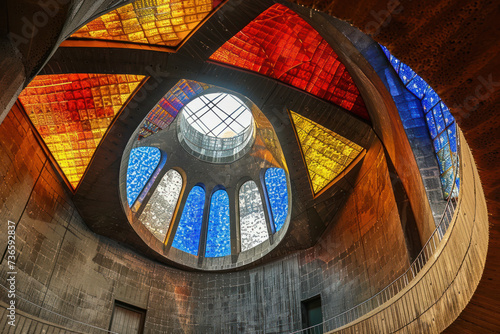 Round Stainglass window blue, red, yellow, with patterns was inside a church