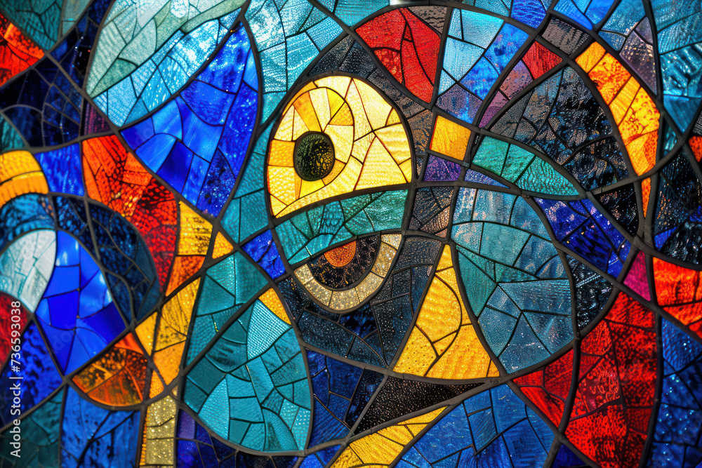 Round Stainglass window blue, red, yellow, with patterns was inside a church