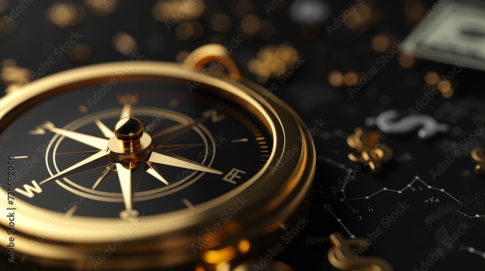 Financial advisory services. Golden compass over black background with dollar symbols and copy space. 3D illustration --ar 16:9 --v 6 Job ID: b85935dc-7d4d-4da4-a5e9-01b78369cd0d