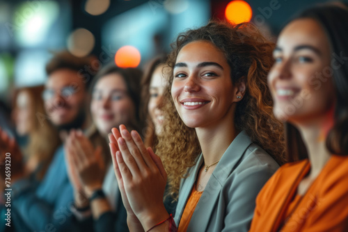 People applaud, applause in the hall. Background with selective focus and copy space