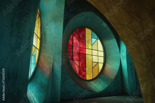 Round Stainglass window blue, red, yellow, with patterns was inside a church