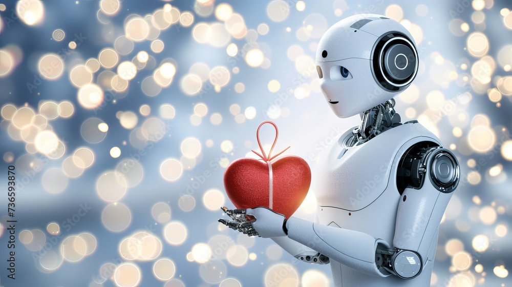 Cute robot gifting heart to animals on magical background, valentine s day concept with copy space
