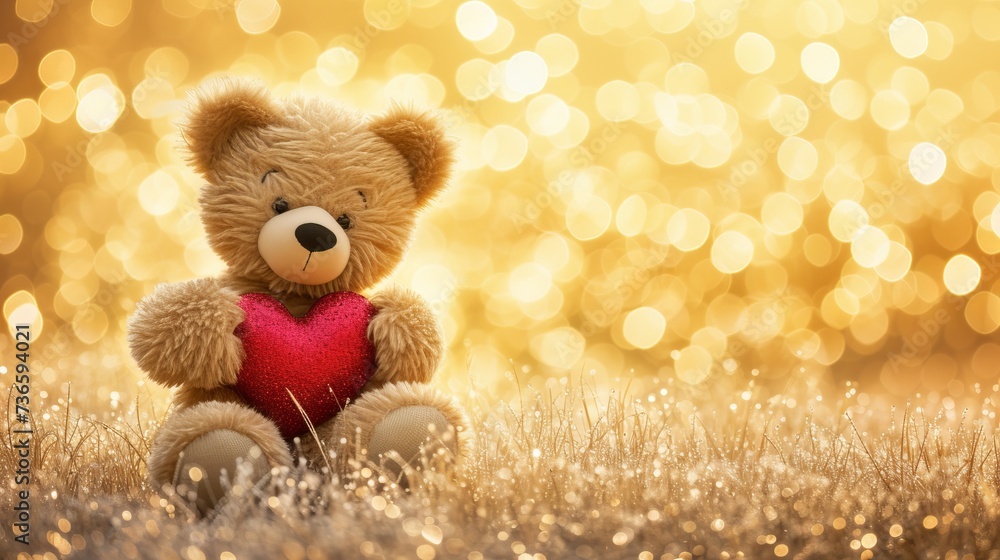 Fototapeta premium Baby bear gifting heart on blurred magical background for valentine s day with copy space