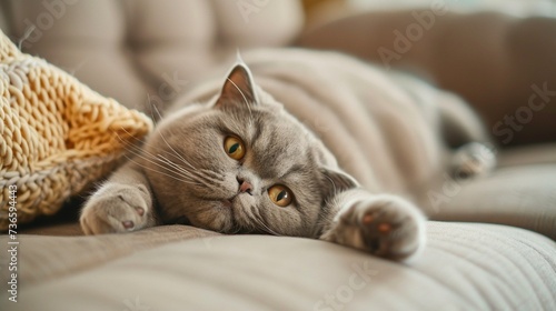 Beautiful grey cat on female hands on sofa © Ahtesham