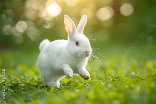 Beautiful Furry Easter Rabbit Bunny on Sunny Meadow. Bokeh Lights, Spring Garden, Traditional Easter Scene.