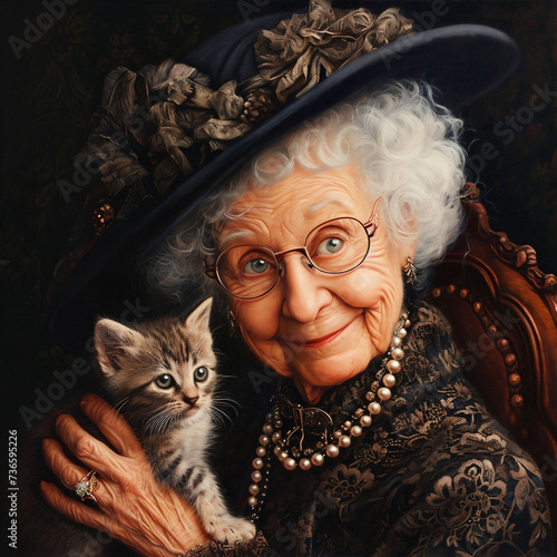  Stylish elderly lady with white curly hair, black dress, old fasion hat and a small grey kitten on a black background. Can be used for animal therapy in old age