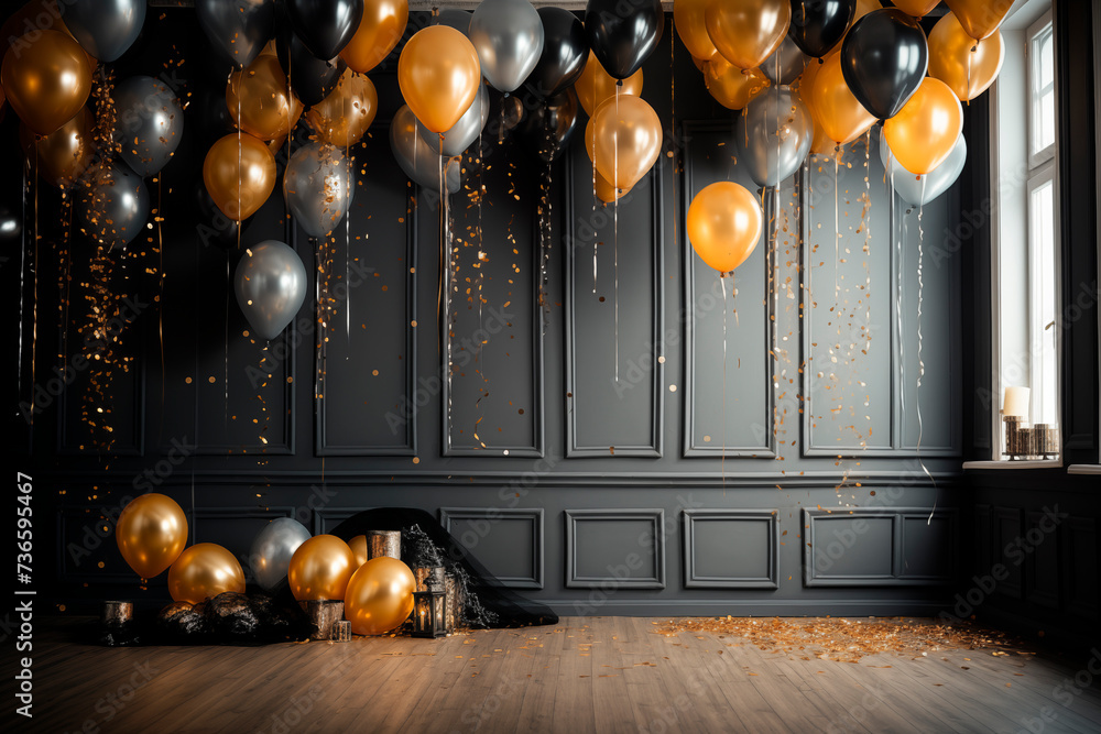 Naklejka premium Gold and black balloons with sparkles on black background for a celebration party. greeting card or sales.