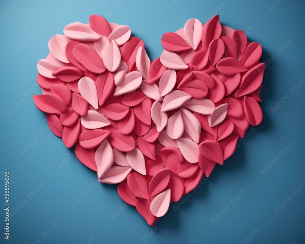 A heart made of paper flowers on a blue background. Generative AI.