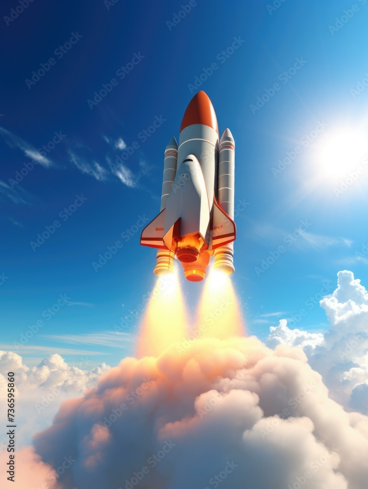 A rocket is flying through the clouds. Generative AI. A rocket is flying through the clouds. Generative AI.