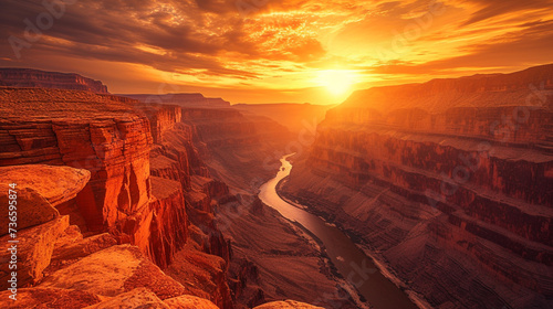A fiery sunset over a desert canyon, the walls of the canyon glowing in the warm light, and a tranquil river flowing at the bottom photo