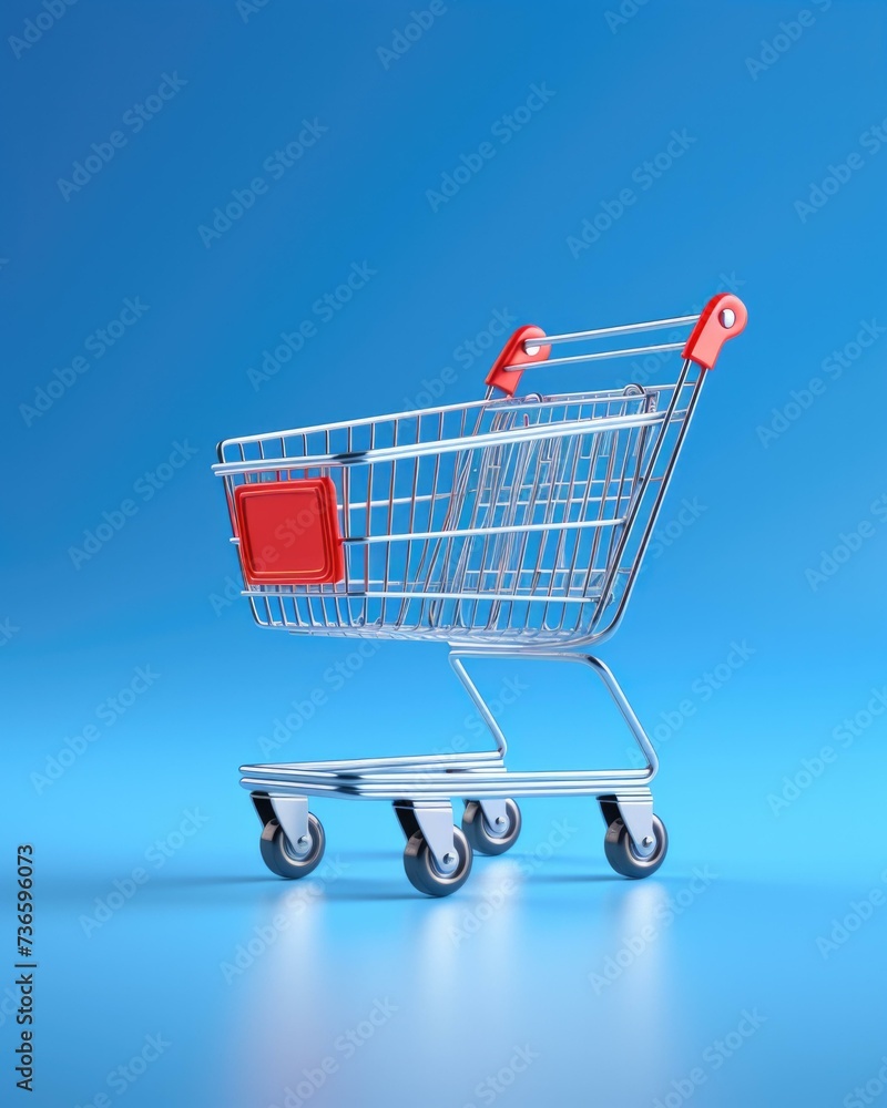 A shopping cart on a blue background. Generative AI. A shopping cart on a blue background. Generative AI.