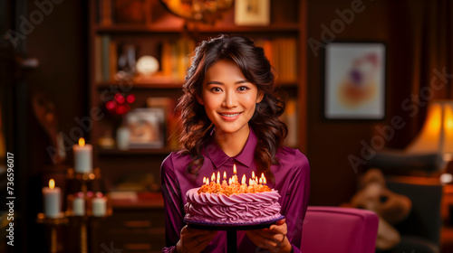 Portrait of beautiful young woman with birthday cake in her hands.