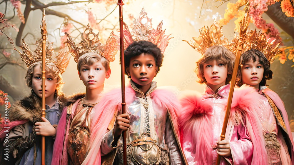 Diverse kids in fairy attire, serious expressions, yellow background, challenging stereotypes.