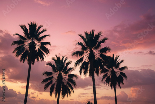 Palm trees silhouettes at sunset. Colorful sky with pink and purple colors. Generative AI © igor.nazlo
