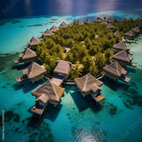 The Maldives, overwater bungalows, coral atolls, and stunning shades of blue in the Indian Ocean. Bora Bora, French Polynesia. Drone View.