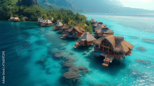 The Maldives, overwater bungalows, coral atolls, and stunning shades of blue in the Indian Ocean. Aerial View