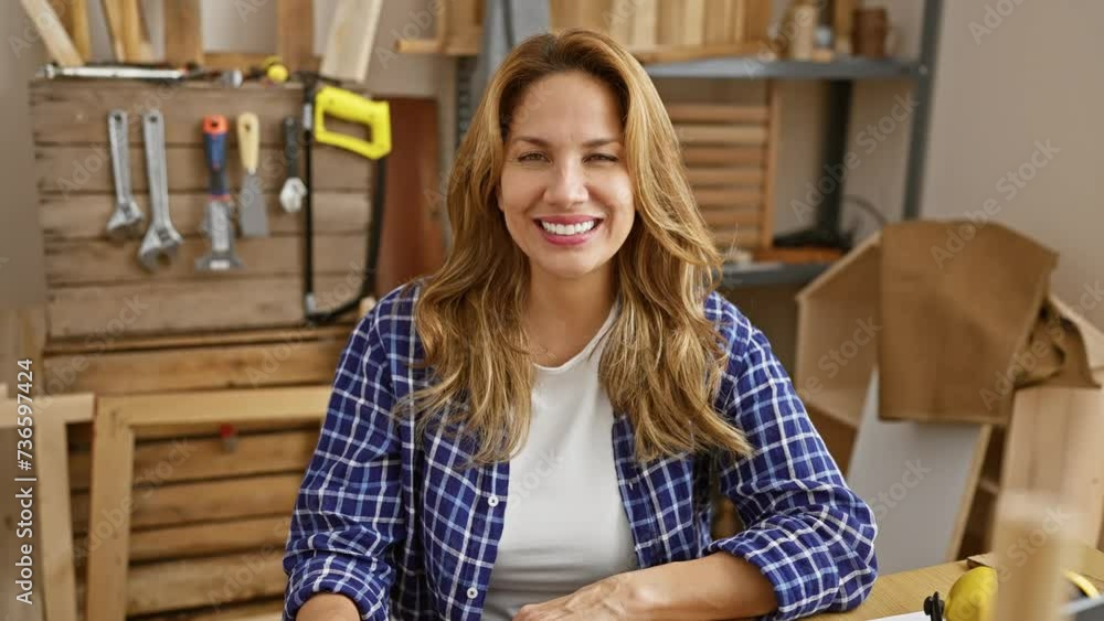 Happy latin woman having fun at carpentry, sitting on table with playful tongue out expression Happy latin woman having fun at carpentry, sitting on table with playful tongue out expression