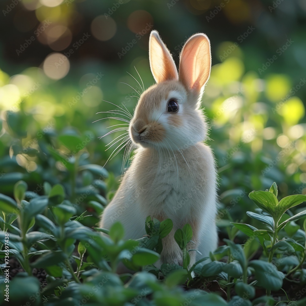 Fototapeta premium Beautiful Furry Easter Rabbit Bunny on Sunny Meadow. Bokeh Lights, Spring Garden, Traditional Easter Scene.