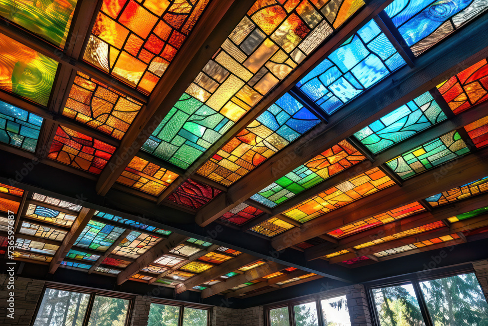 Colorful glass art ceiling, WA, USA
